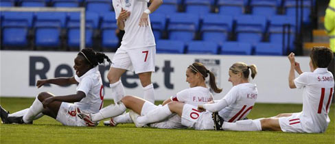 England celebrate Fara Williams' opening goal
